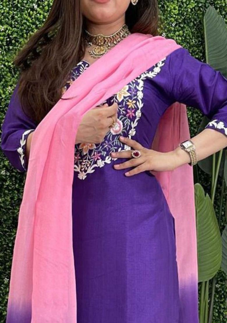 Purple Embroidered Cotton Kurta Set - Indya