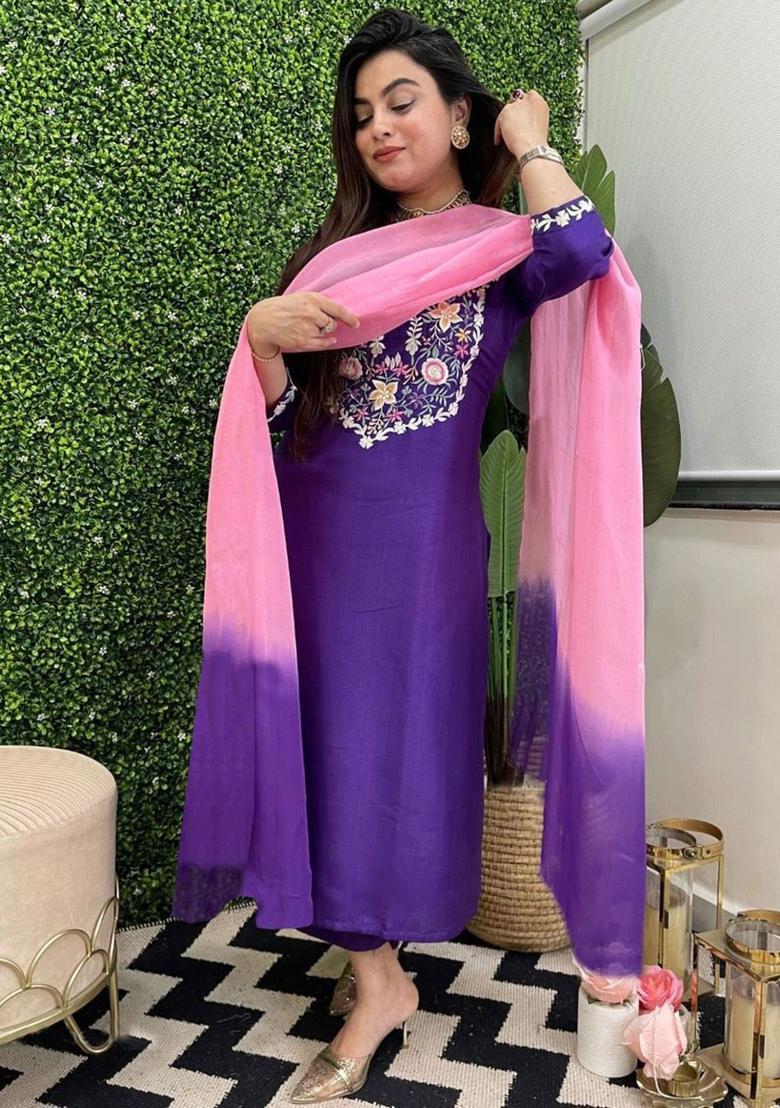 Purple Embroidered Cotton Kurta Set - Indya