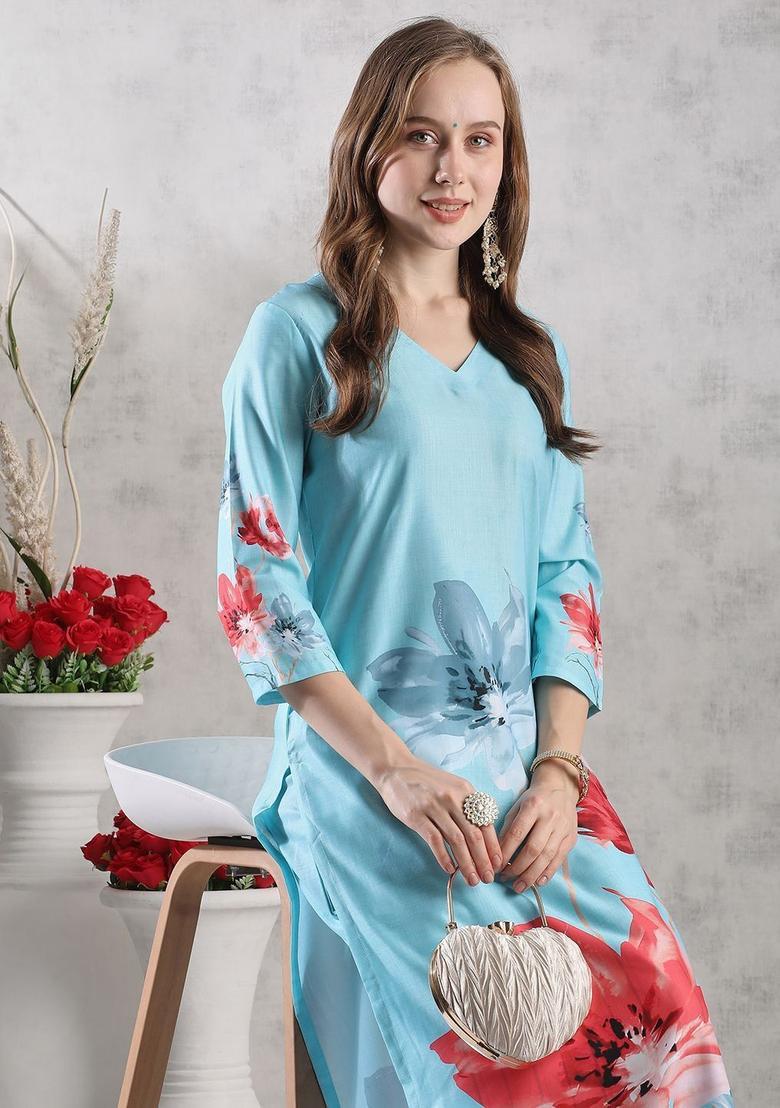 Blue Printed Viscose Kurta Set - Indya