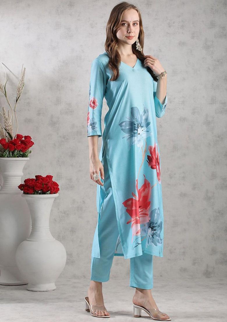 Blue Printed Viscose Kurta Set - Indya