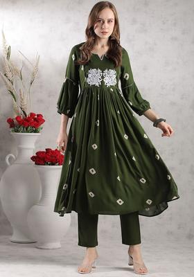 Olive Embroidered Viscose Anarkali Set
