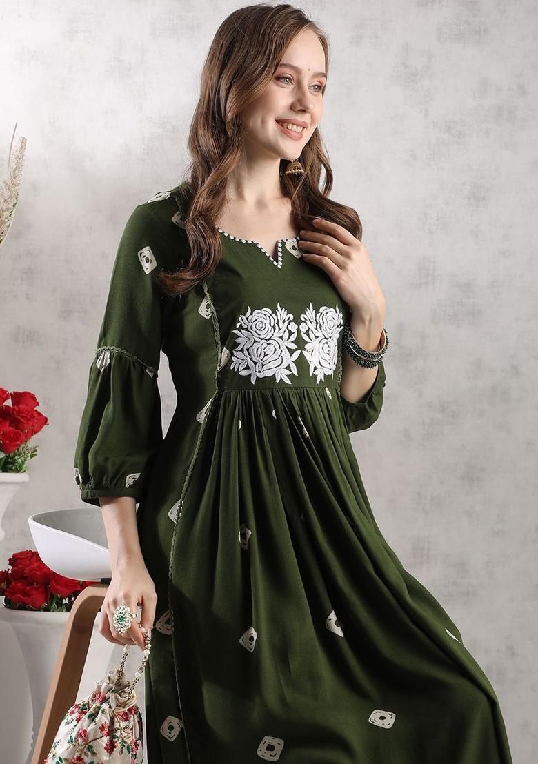Olive Embroidered Viscose Anarkali Set - Indya