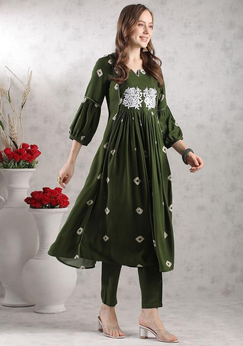 Olive Embroidered Viscose Anarkali Set - Indya