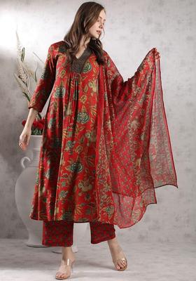 Red Printed Viscose Anarkali Set