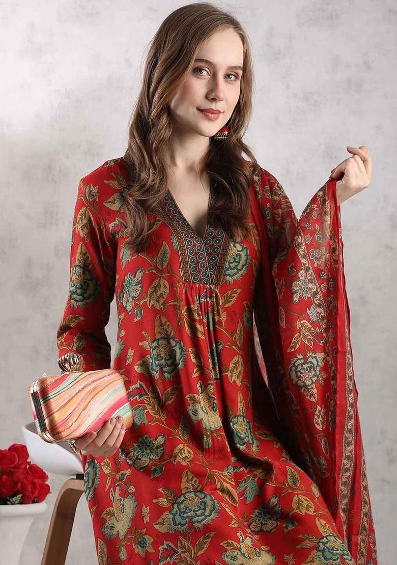 Red Printed Viscose Anarkali Set - Indya