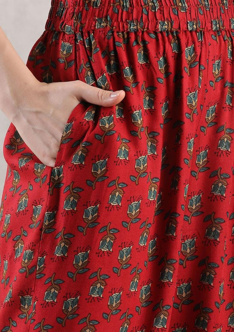 Red Printed Viscose Anarkali Set - Indya