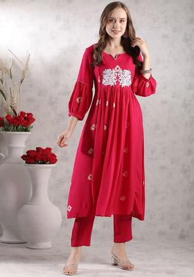 Pink Embroidered Viscose Anarkali Set