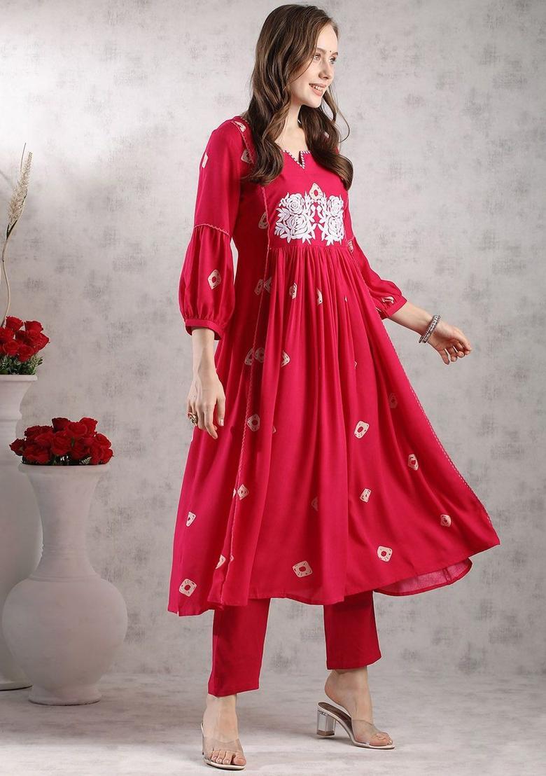 Pink Embroidered Viscose Anarkali Set - Indya