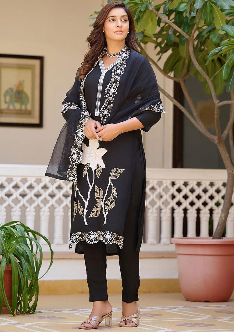Black Embroidered Cotton Kurta Set - Indya