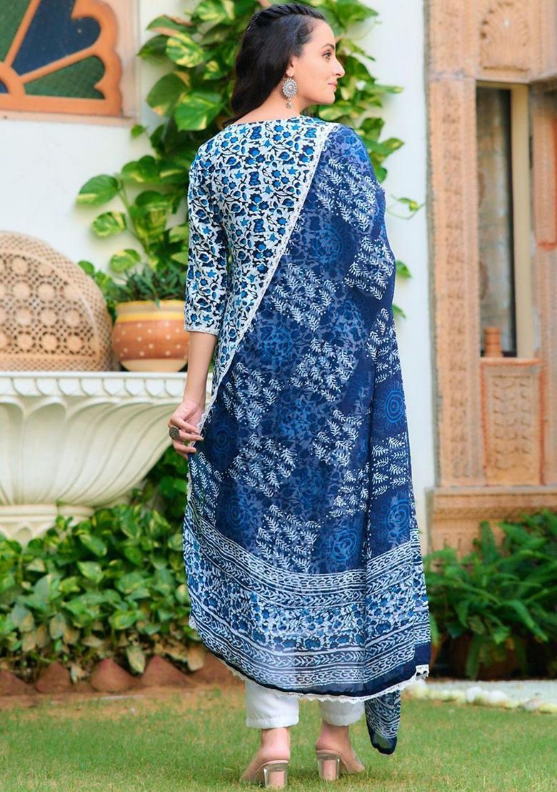 Blue Printed Viscose Kurta Set - Indya