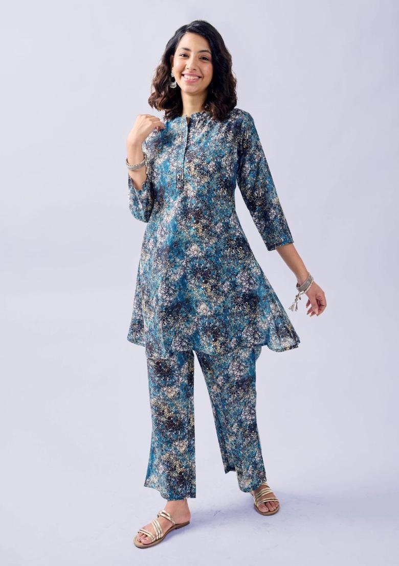 Blue Printed Cotton Kurta Set - Indya