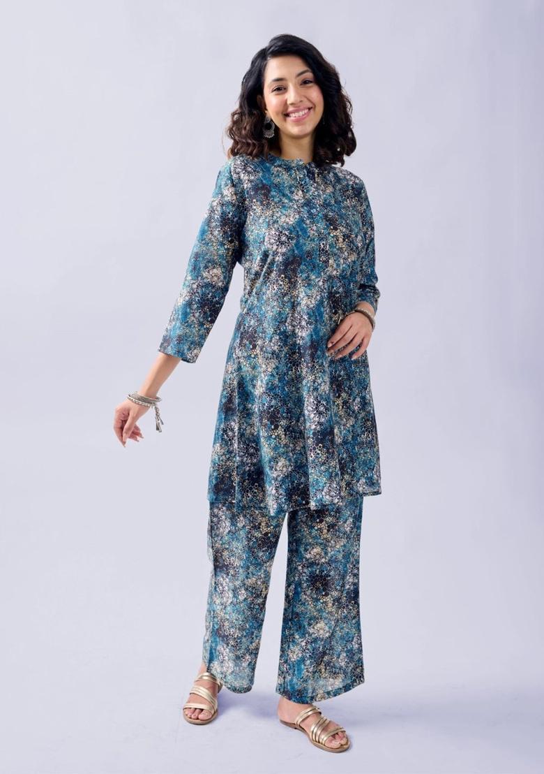 Blue Printed Cotton Kurta Set - Indya