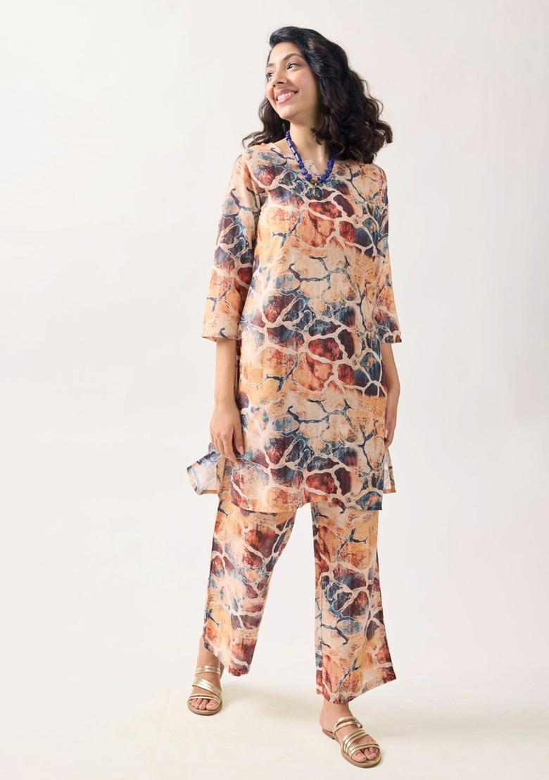 Yellow Printed Cotton Kurta Set - Indya