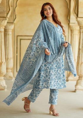 Blue Printed Cotton Kurta Set