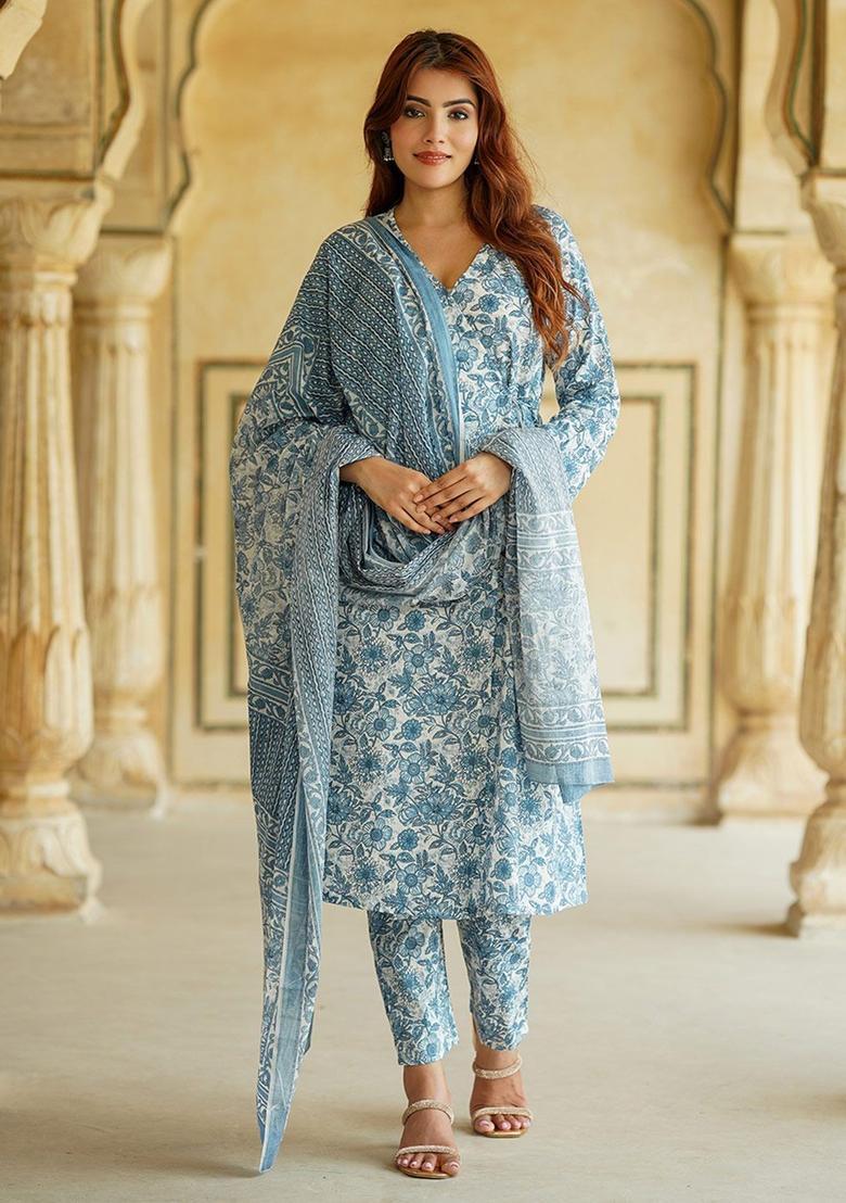 Blue Printed Cotton Kurta Set - Indya