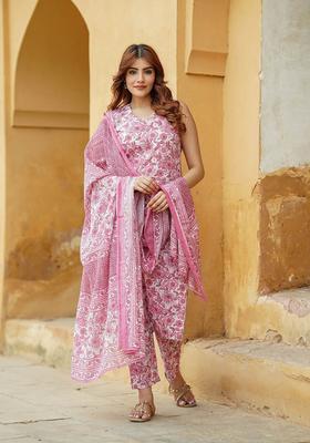 Pink Printed Cotton Kurta Set