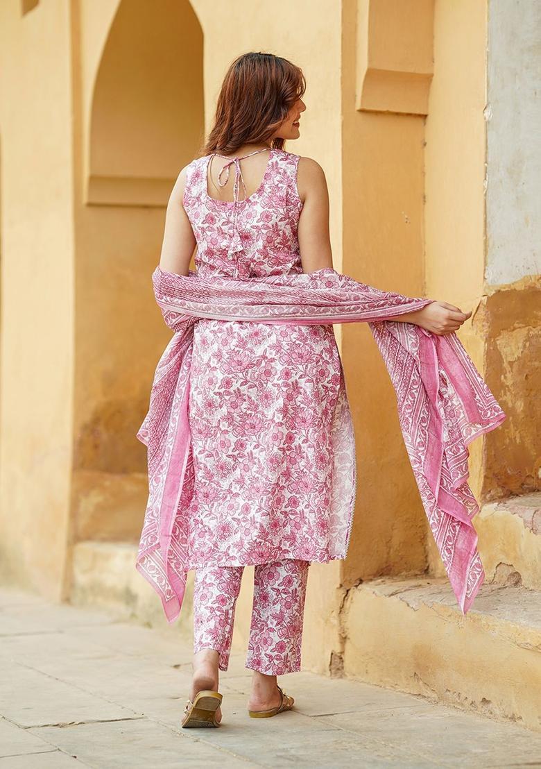 Pink Printed Cotton Kurta Set - Indya