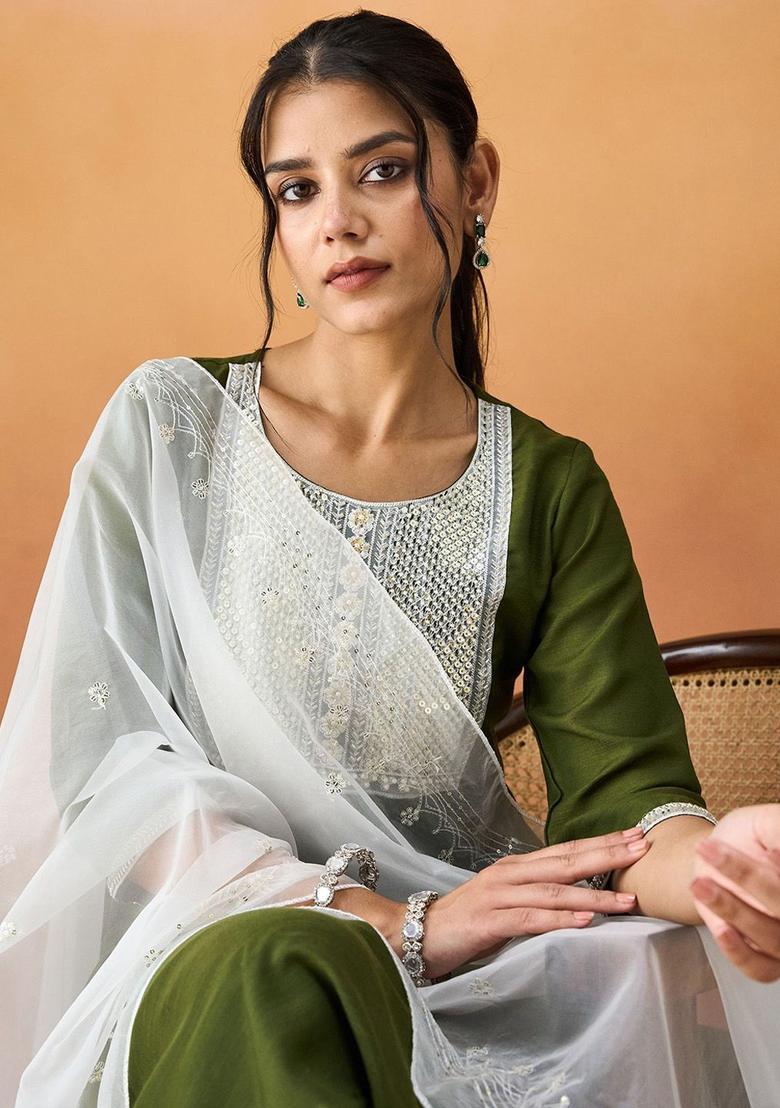 Green Yoke Design Silk Kurta Set - Indya