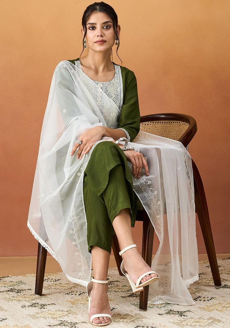 Green Yoke Design Silk Kurta Set - Indya