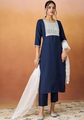 Navy Blue Yoke Design Silk Kurta Set