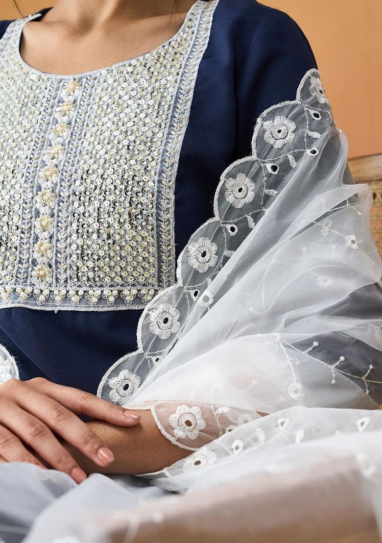 Navy Blue Yoke Design Silk Kurta Set - Indya