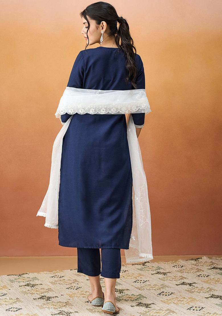 Navy Blue Yoke Design Silk Kurta Set - Indya
