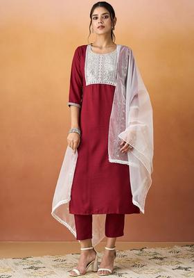 Maroon Yoke Design Silk Kurta Set