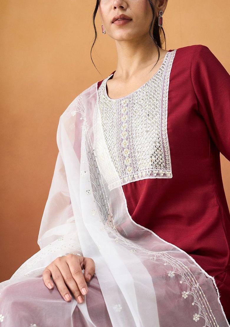 Maroon Yoke Design Silk Kurta Set - Indya
