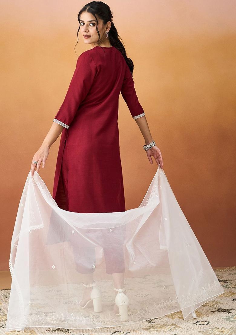Maroon Yoke Design Silk Kurta Set - Indya