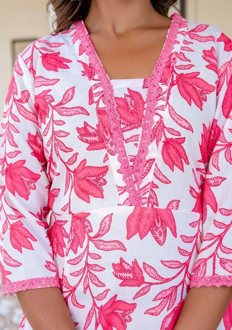 Pink Printed Cotton Kurta Set - Indya