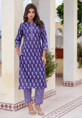 Purple Printed Cotton Kurta Set