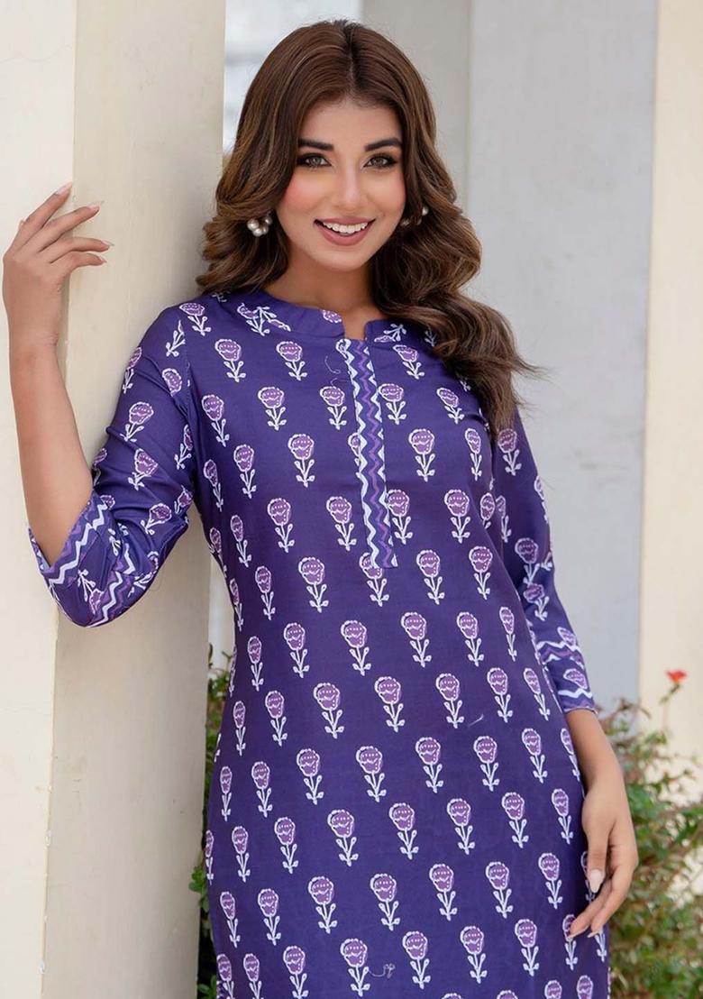 Purple Printed Cotton Kurta Set - Indya