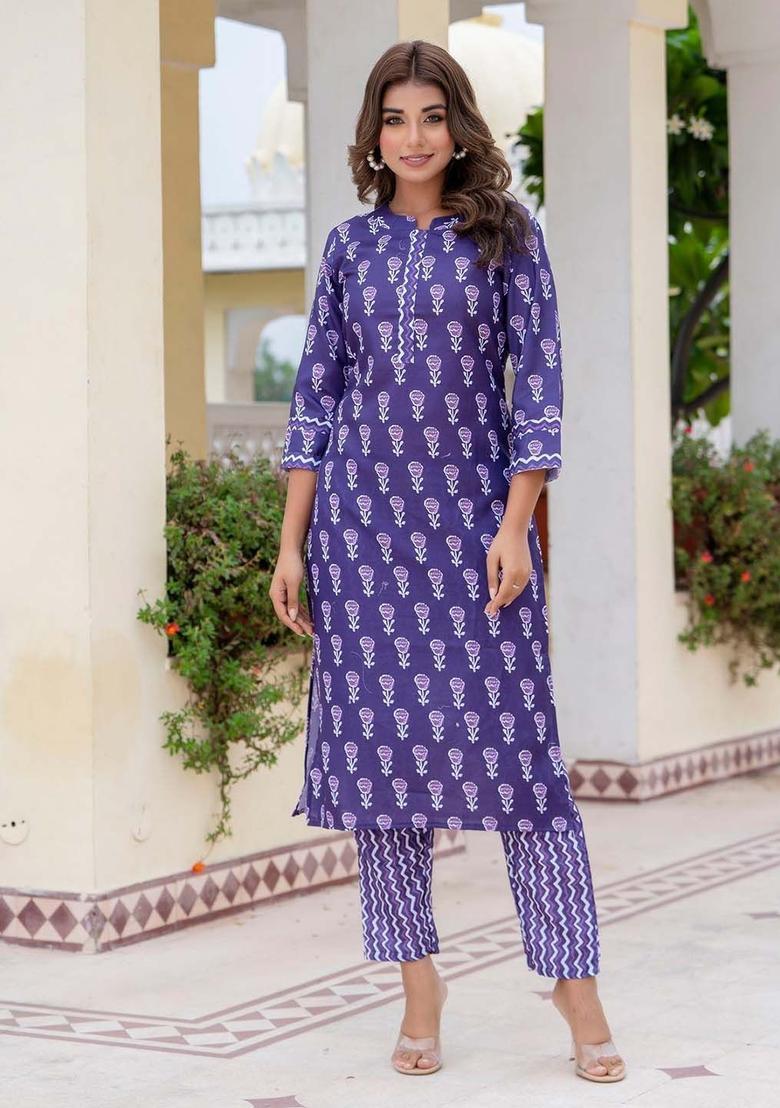 Purple Printed Cotton Kurta Set - Indya