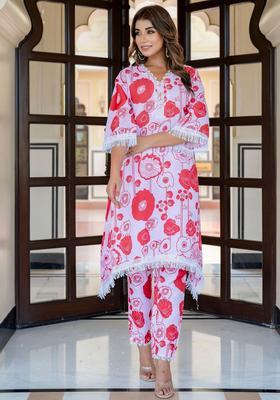 Red Printed Cotton Kurta Set