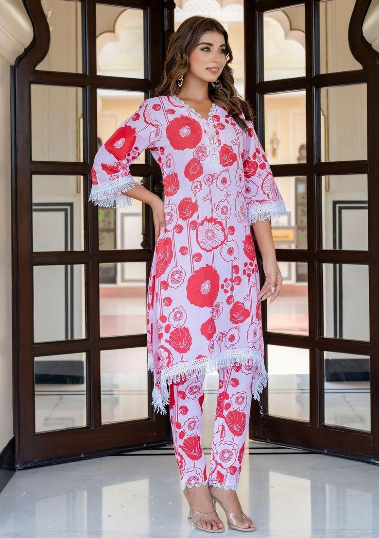 Red Printed Cotton Kurta Set - Indya