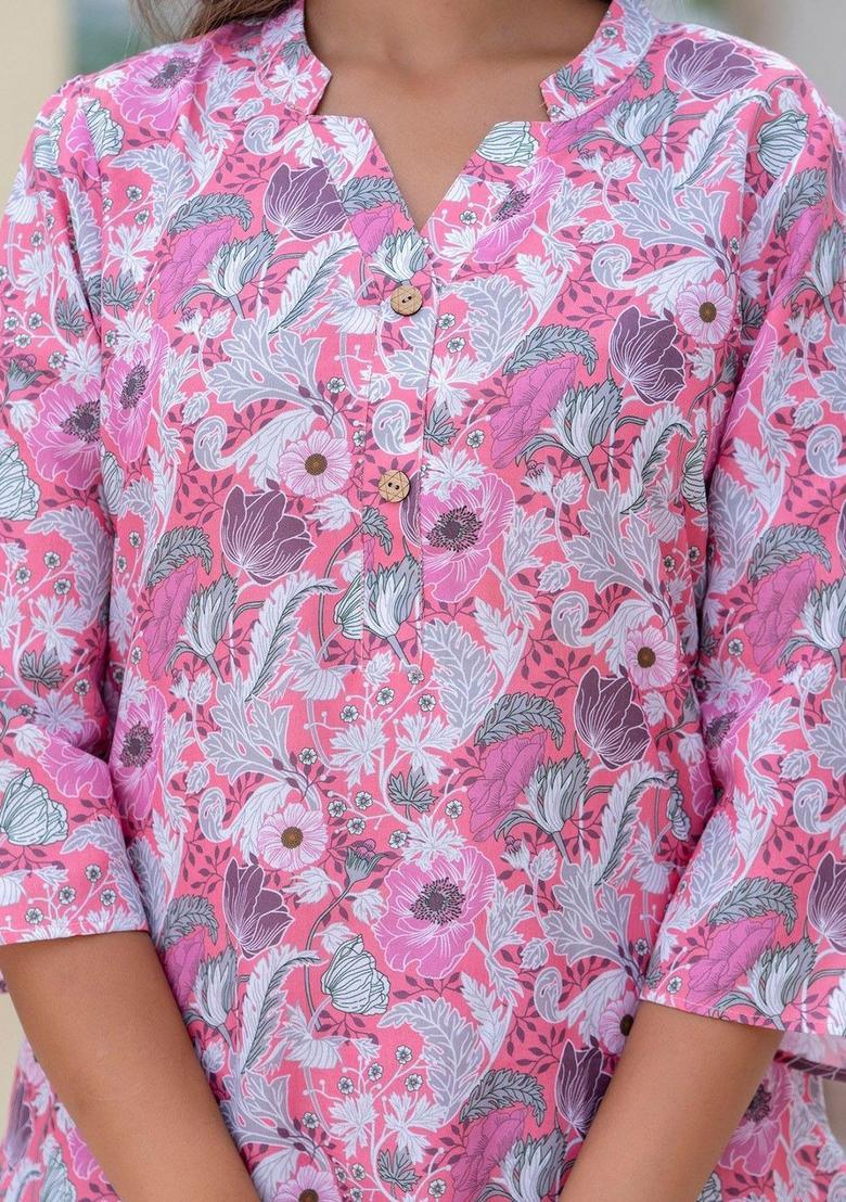 Pink Printed Cotton Kurta Set - Indya