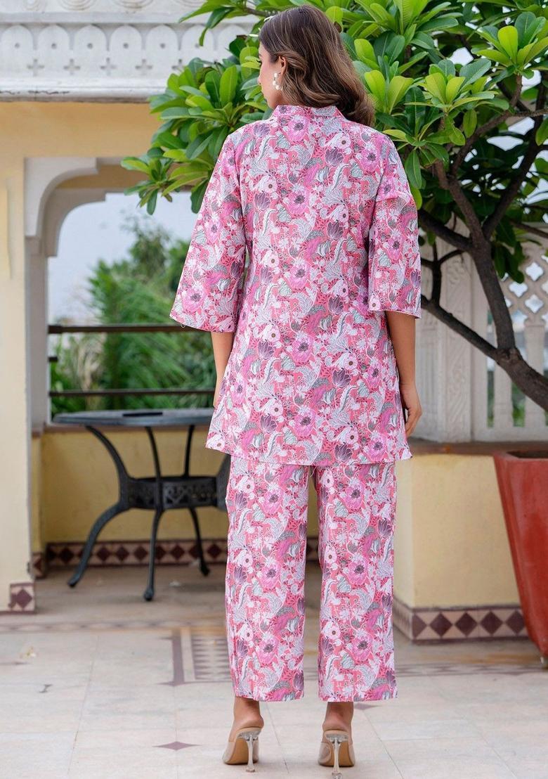 Pink Printed Cotton Kurta Set - Indya