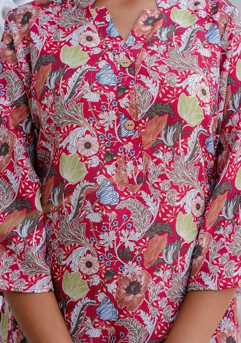 Red Printed Cotton Kurta Set - Indya