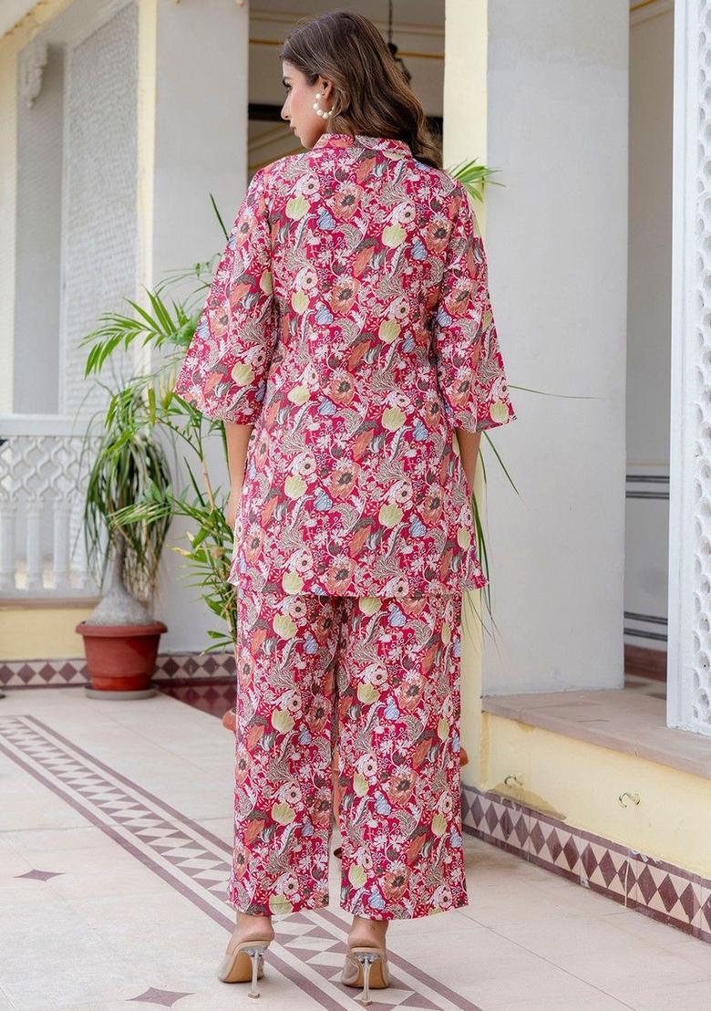 Red Printed Cotton Kurta Set - Indya