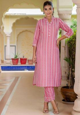 Red Printed Cotton Kurta Set