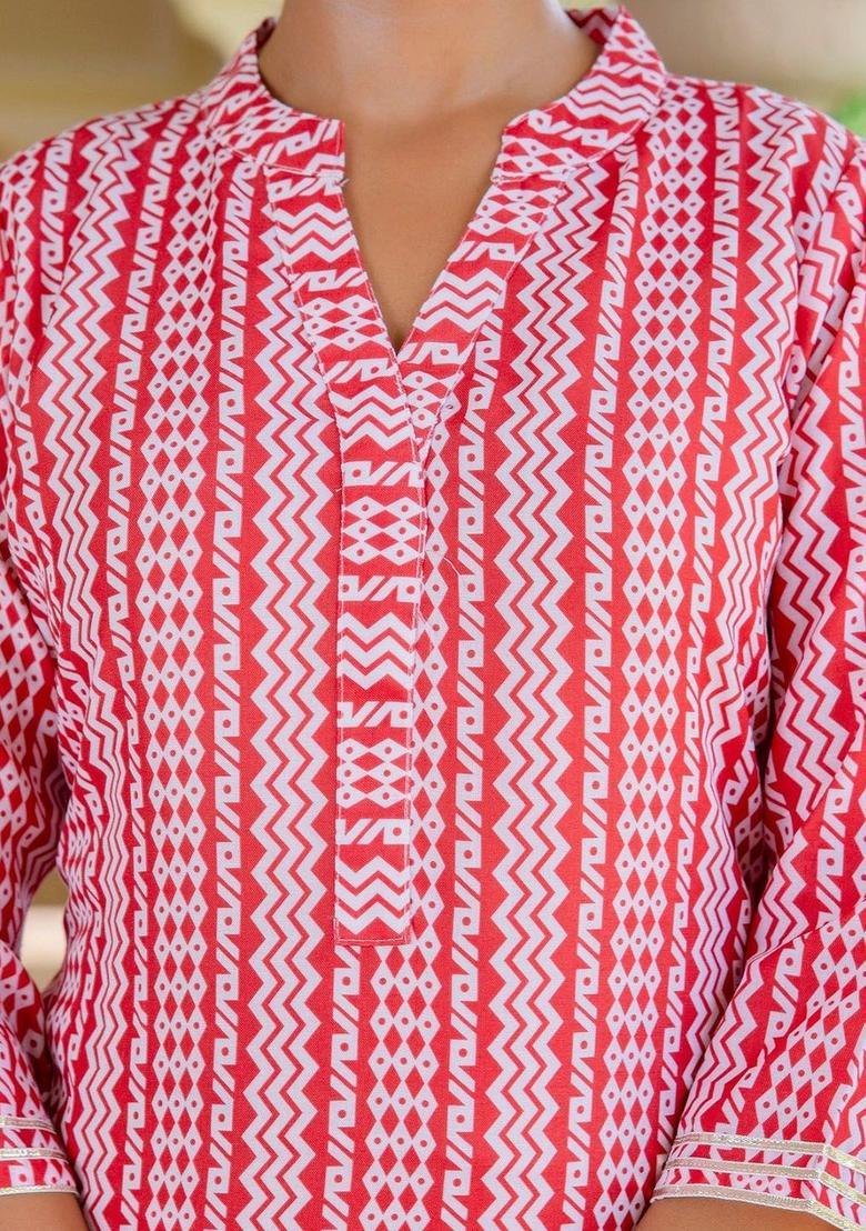 Red Printed Cotton Kurta Set - Indya