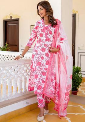 White Printed Cotton Kurta Set