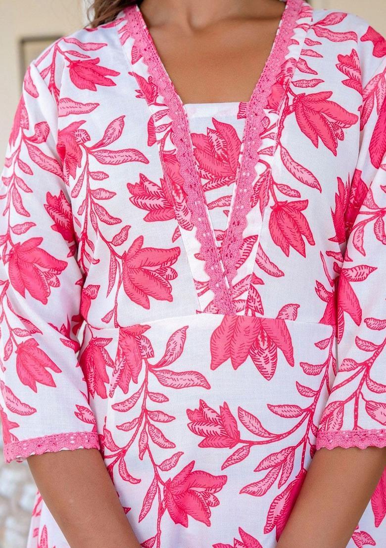 White Printed Cotton Kurta Set - Indya