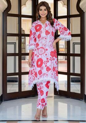 Red Printed Cotton Kurta Set