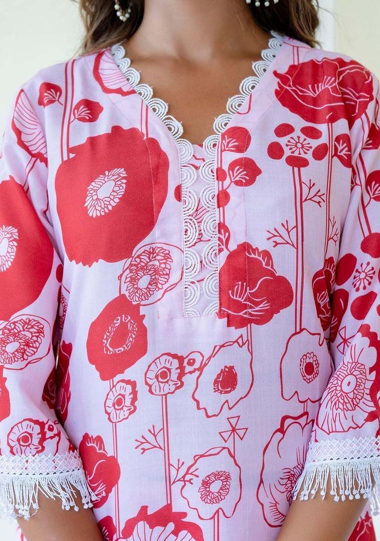 Red Printed Cotton Kurta Set - Indya
