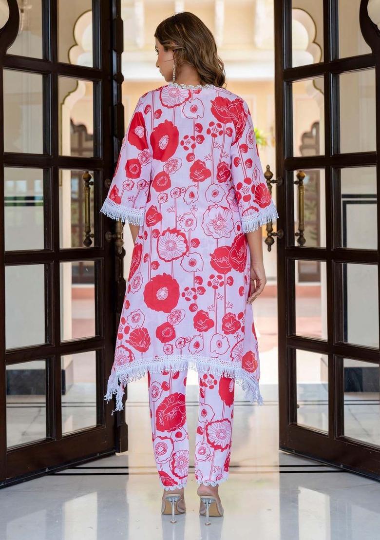 Red Printed Cotton Kurta Set - Indya