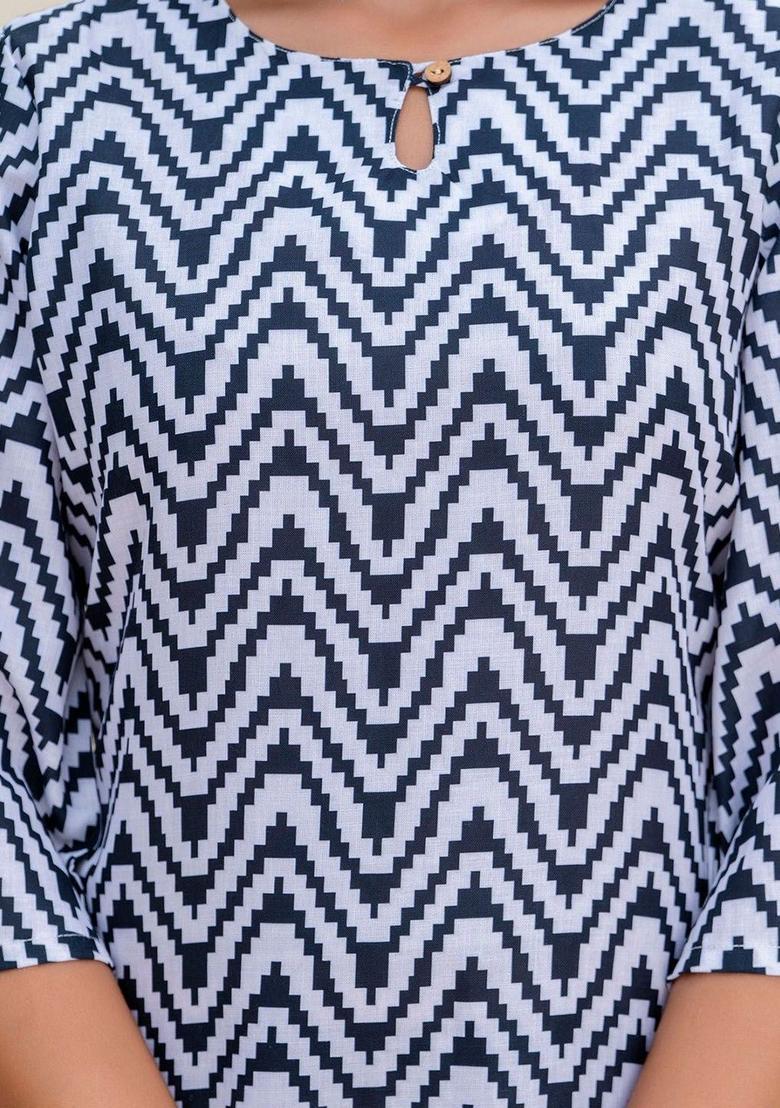 Navy Blue Printed Cotton Kurta Set - Indya