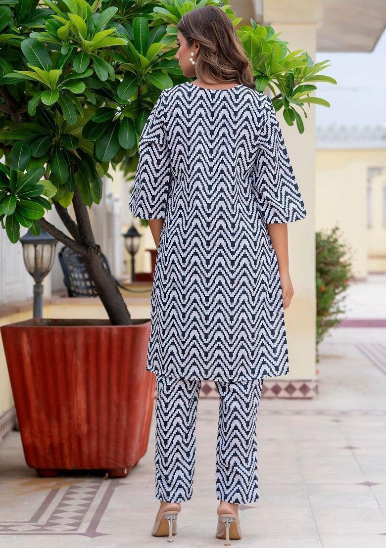Navy Blue Printed Cotton Kurta Set - Indya
