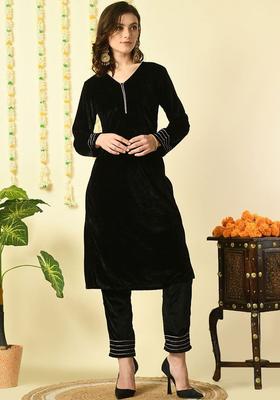 Black Solid Velvet Kurta Set