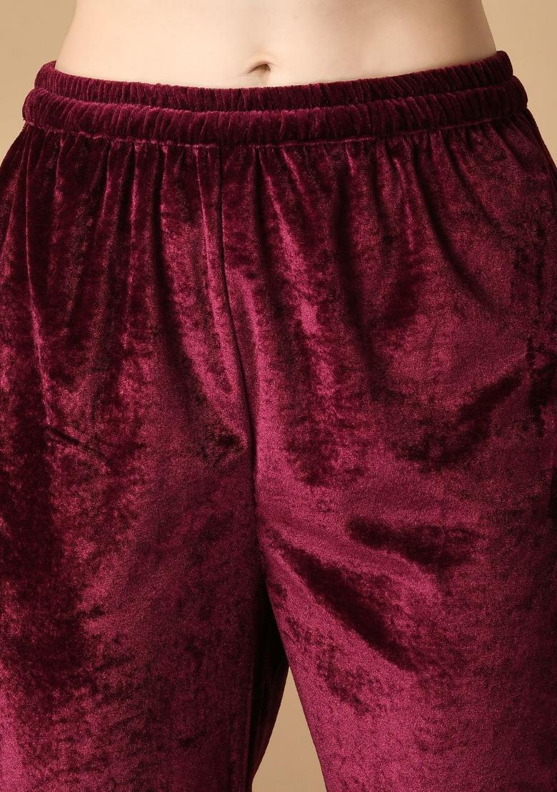 Magenta Solid Velvet Kurta Set - Indya